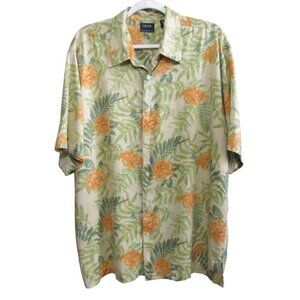 Izod Washable Silk Yellow Floral Leaf Tropical Hawaiian Camp Shirt Mens Size XL